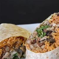 Burrito Mixto · RICE 
BEANS
ONION
CILANTRO
SALSA