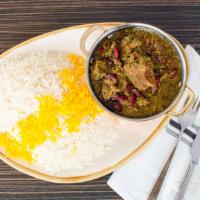 Ghormeh Sabzi Persian Stew · Beef, sauteed herbs, and kidney beans.