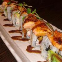 Baked Salmon Roll · Crab meat wrapped w/ soy paper topped w/ salmon, & green onions.