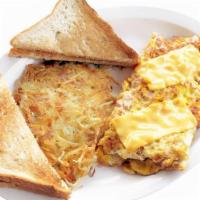 Eggs (2) Hash Brown & Toast · Two eggs, hash brown, and toast.