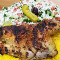 Greek Chicken Plate · Served with yellow rice, Greek salad, hot pita, and a 1/2 grilled marinated chicken. Tzatzik...