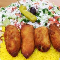 Chicken Cream Chop Plate · Served with yellow rice, Greek salad, hot pita, and seasoned breaded chicken. Tzatziki and v...