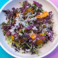 Turn The Beet Around · Roasted Golden Beets, Mustard Frills, Cilantro, Parsley,  Tangerines, Aged Gouda, Crispy Cur...