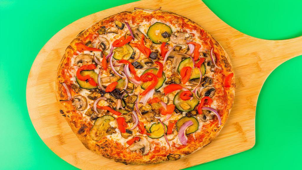 Vegetarian Pizza · Hand-stretched dough with marinara, mozzarella cheese, mushrooms, onions, bell peppers, tomatoes, and black olives.