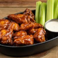 Wings Boneless Bbq · served with boneless wings, celery, carrots, choice of house ranch (245 cal) or bleu cheese ...