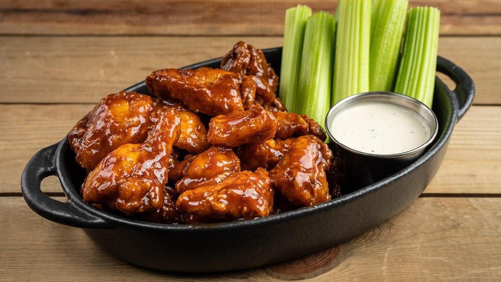 Wings Boneless Bbq · crispy buttermilk marinated boneless wings, celery,. smoked onion ranch (280 cal) or house-made blue cheese dressing (250 cal),