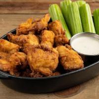 Wings Boneless Plain · served with boneless wings, celery, carrots, choice of house ranch (245 cal) or bleu cheese ...