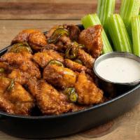 Wings Boneless Jalapeno · served with boneless wings, celery, carrots, choice of house ranch (245 cal) or bleu cheese ...