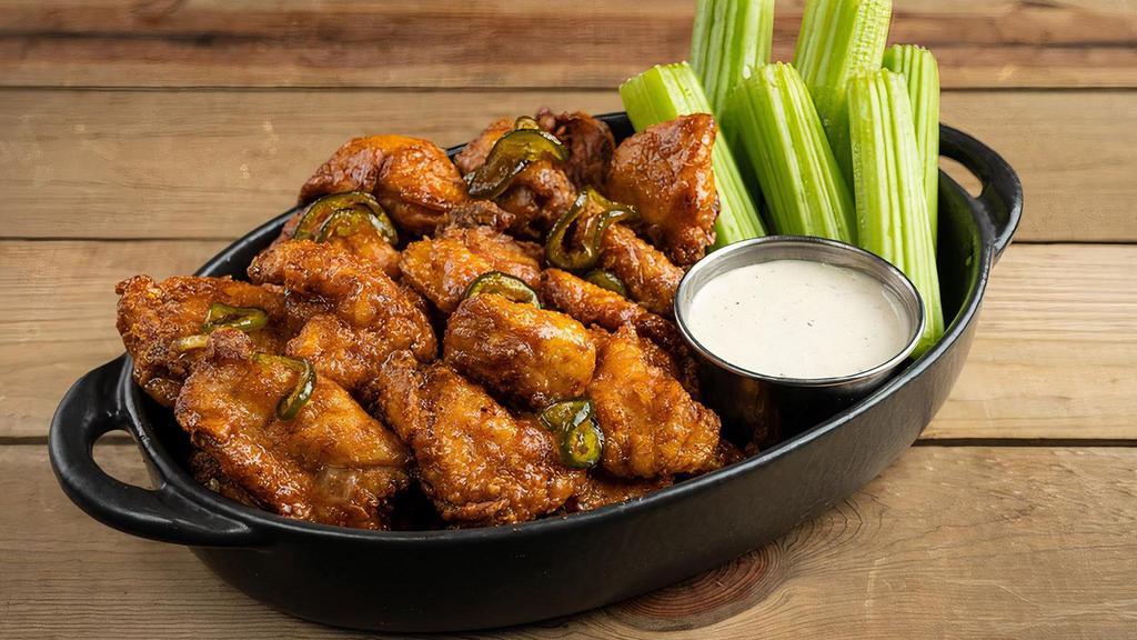 Wings Boneless Jalapeno · crispy buttermilk marinated boneless wings, celery,. smoked onion ranch (280 cal) or house-made blue cheese dressing (250 cal),