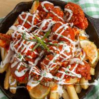 Buffalo Boneless Fries · Fries with Buffalo boneless wings, cheese and ranch dressing