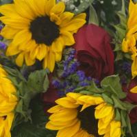 Sunflower & Roses Happy Bouquet Dozen · Beautiful fresh cut lovely sunflowers with beautiful greens and  roses, gift wrapped  for an...