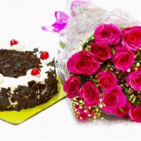 Birthday Cake With 12 Big Long Stem Red Roses · A delicious extra-large slice of birthday cake with 12 beautiful long stem roses, our best s...