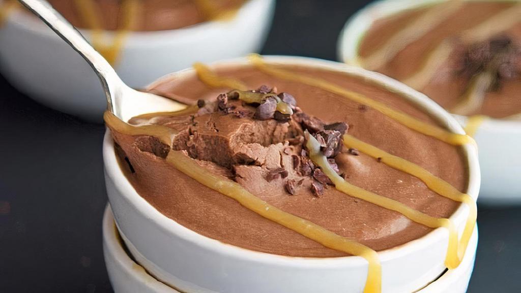 Chocolate Mousse Caramel · Delicious homemade French chocolate mousse with a touch of caramel sprinkled with caramel and chocolate pieces on the top.
