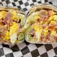 Breakfast Burritos · Choice of meat, cheese, potatoes, and salsa, eggs.