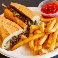 Philly Cheese Steak · Steak, your choice of cheese, grilled onions, mushrooms, and green peppers. Served	on a	toas...