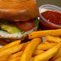 Veggie Burger · Veggie patty, melted Provolone cheese, spinach, tomato, red onions, avocado, and spicy ketch...