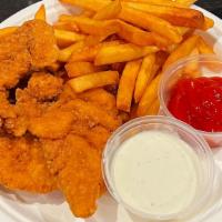 Chicken Tenders & Fries · Four tender chicken strips & Fries served with ranch dipping sauce.