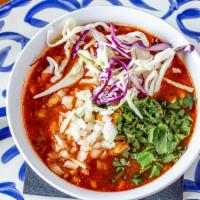 Pozole Soup Cup · slow-cooked pork, guajillo chile broth, hominy, cabbage, cilantro, and onions