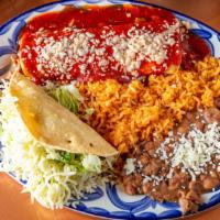 Combination #2 · Choose two items. Served with rice and beans or salad. Crispy taco, red salsa enchilada, fla...