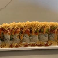 Hot Night Roll · Shrimp Tempura and cucmber topped with avocado, spicy tuna and crunch.