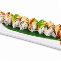 Dragon Roll · In: crab, cucumber, avocado. Out: eel, avocado, unagi sauce, toasted sesame seeds.