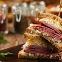 Pastrami & Cheese Sandwich · Delicious char-broiled pastrami with swiss cheese, topped with mustard, pickle, lettuce, tom...