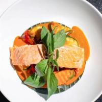 Panang Salmon · Steamed salmon with steamed mixed vegetables.  Served with tasty Panang curry sauce.
