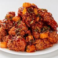 Kang Jung Furai Chicken · Very spicy. Tossed with Kang Jung sauce, serrano chili, chili flakes, almond, sunflower seed...
