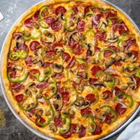 Super Loaded Pizza · Fresh mushrooms, green peppers, onions, pepperoni, and fresh mozzarella baked on a hand-toss...