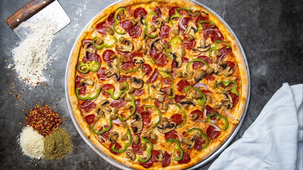 Super Loaded Pizza · Fresh mushrooms, green peppers, onions, pepperoni, and fresh mozzarella baked on a hand-tossed dough