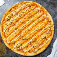 Baffling Buffalo Pizza · Buffalo sauce, juicy chicken, mozzarella, marinara, basil, and extra virgin olive oil baked ...