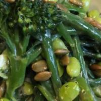 Green On Greens · broccolini, snow peas, green beans, asparagus, edamame, pumpkin seeds, lemon dressing