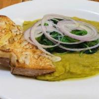 Slow Cooked Split Peas · Vegan. Thick split peas puree, spinach, red onion, peperoncino, grilled bread.