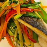 Branzino · Gluten-free. Roasted de-boned Mediterranean sea bass, julienne of vegetables