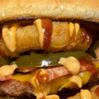 Bbq Western Burger  · Beyond Patty, FYH cheese, beleaf bacon, onion rings, BBQ sauce, jalapeños, chipotle mayo (bu...