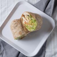 Laser Away Wrap · Chicken breast, honey mustard, avocado, provolone cheese, lettuce, tomato and onion in a who...