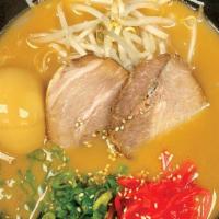 Miso Hakata Ramen · Hakata Ramen with miso paste, bean sprouts, and a soft flavored egg.