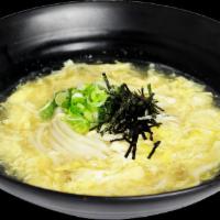 Egg Drop Soup Udon · Whisked Eggs in an Udon Soup topped with Green Onions and Shredded Seaweed