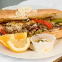 Philly Cheesesteak Sandwich Special · Made with Angus rib-eye steak sauteed with bell peppers, onions and mushroom topped with mel...