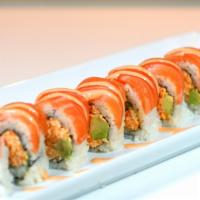 King Salmon · In: spicy crab, cucumber. Out: salmon. Sauce: spicy mayo sauce.