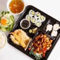 Chicken Teriyaki Combo · w/ miso soup, green salad, rice, tempura, california roll & shumai