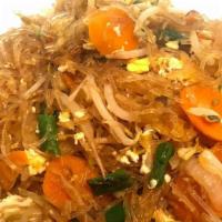 Pad Woon Sen · Silver noodles stir-fried with egg, onions, cabbage, carrots, tomatoes, mushrooms, and green...