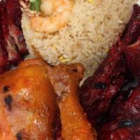 Dinner Bbq Combo · Served with shrimp fried rice, 2 pieces of BBQ pork ribs, 2 pieces of BBQ chicken, and BBQ r...