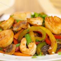 Spicy Scallop & Shrimp · Spicy. Scallops, shrimp stir-fried with garlic, chili, bell peppers, mushroom, and basil lea...