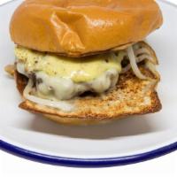 Gget Burger · 5oz beef patty, Cooper’s American cheese, caper aioli, bread & butter pickles, and grilled o...