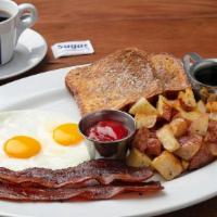 Breakfast Combo · 2 French Toast, 2 Organic Eggs Any Style with Applewood Smoked Pepper Bacon. Choice of Side.