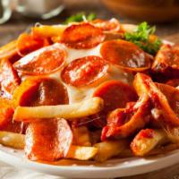 Pizza Fries · Marinara sauce, pepper flakes, pepperoni and mozzarella cheese all on top of hand-cut fries.
