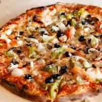 Party Veggie · Mozzarella cheese , green pepper , mushroom , onions , black olives with pizza sauce.