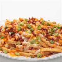 Loaded Fries · Seasoned fries loaded with melted mozzarella and cheddar cheeses, crispy bacon and fresh gre...