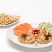 Hummus Mini · Roasted red pepper, South-Western, or roasted garlic hummus. Served with homemade herb chips...